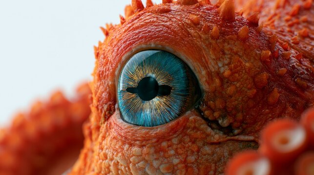 Close-up view of an orange octopus eye showcasing intricate details and vibrant colors, with textured skin and suckers visible in the surrounding area