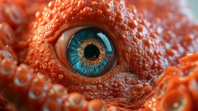 Close-up of an octopus eye showcasing vibrant blue iris and textured orange skin, highlighting intricate details of marine life in a natural underwater setting