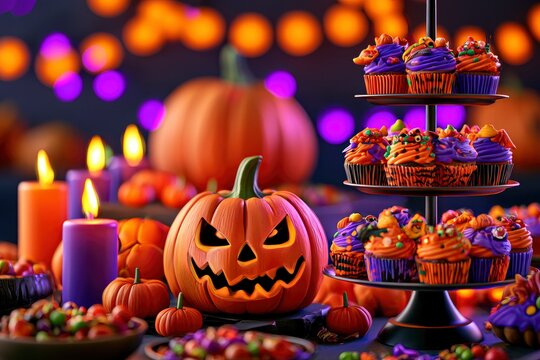 Halloween carved pumpkin and festive cupcake display on decorated table with vibrant bokeh for seasonal party marketing