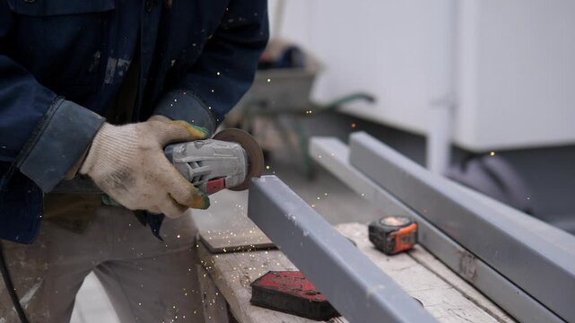 Gloved worker grinds gray metal bar on workshop bench, sending bright sparks through soft neutral light, with vise, tools, dust, worn steel, and blurred industrial setting, with worker, grinding