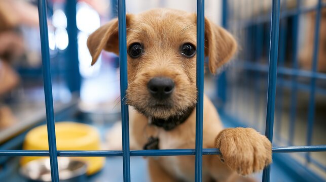 Small brown puppy with expressive eyes peeking through blue metal bars of a kennel, surrounded by bowls and other dogs in a pet adoption center