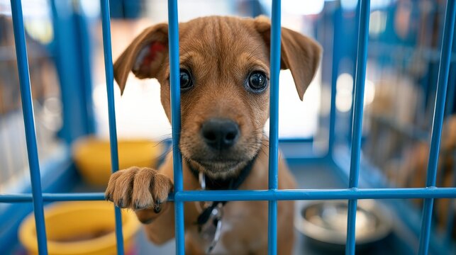 Small brown puppy with big eyes peering through blue metal bars of a kennel, surrounded by yellow bowls and other dogs in the background