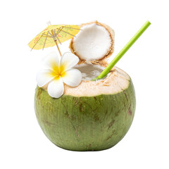 Obraz premium Open green coconut water with flower and umbrella