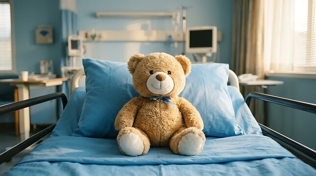Cute teddy bear sitting on a hospital bed with blue sheets and medical equipment