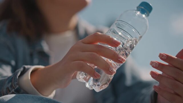 Young white woman flipping empty bottle in bright sky backdrop, closeup of skillful fingers releasing and catching, denim sleeve motion, droplets and joyful practice of bottle flip challenge