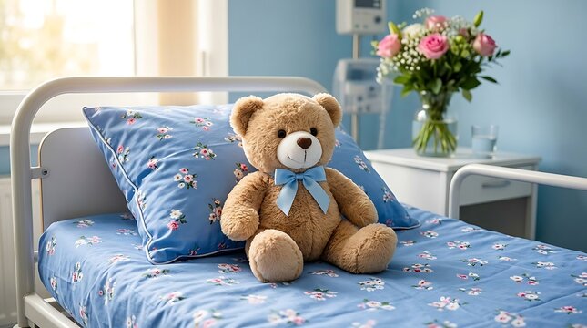 Cute brown teddy bear with blue bow sitting on a hospital bed with floral bedding