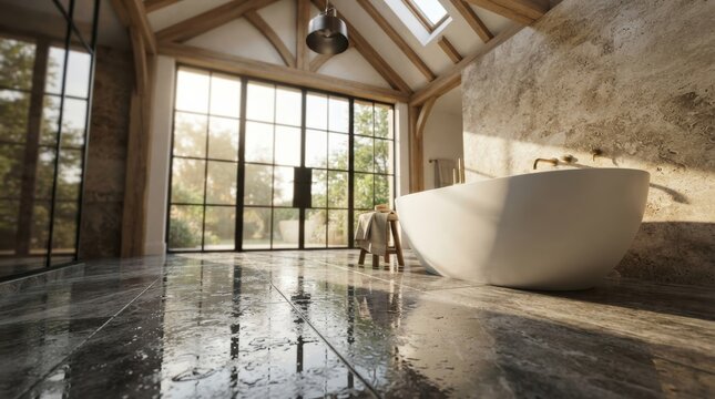 Modern freestanding tub in sunlit vaulted room with large glass windows