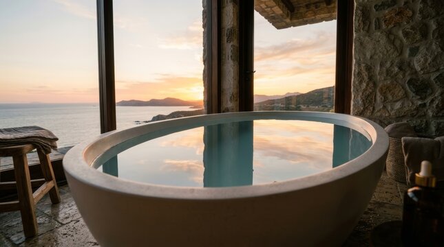Circular freestanding tub with ocean sunset view through stone arched windows