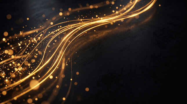 Abstract dark luxury background with glowing golden trend lines and copy space