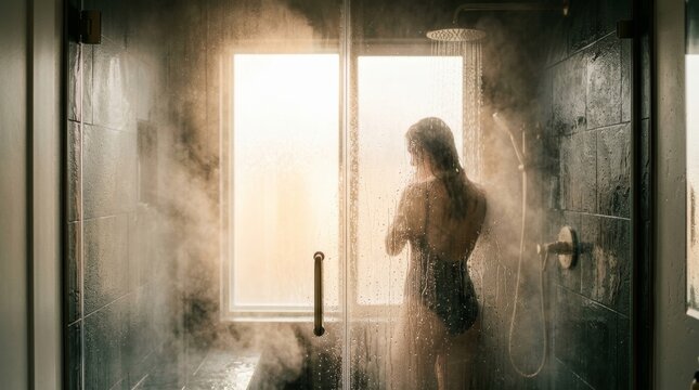 Woman showering in steamy glass enclosure silhouetted by bright window light