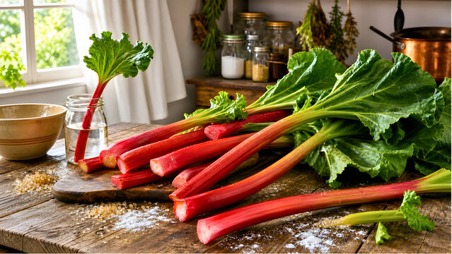 rhubarb with red and pink stems is a tart vegetable, 
Fresh rhubarb on a wooden board, juicy red stalks for pies, compotes and jams
