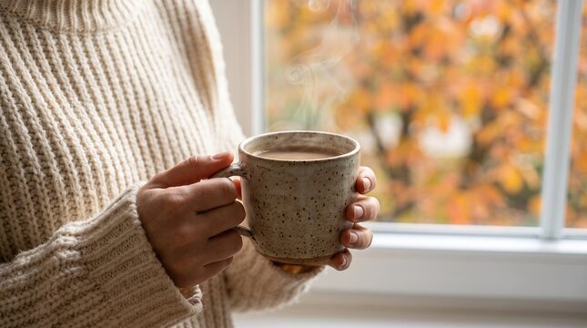 Person Holding a Warm Mug by a Window in Autumn