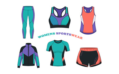 Naklejka premium Womens Activewear Sportswear Collection Leggings Sports Bra Tank Top Jacket Shorts Vector Set