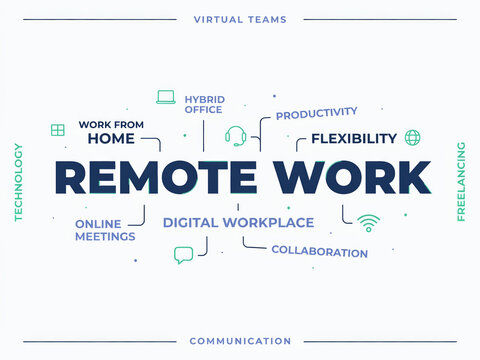 Remote work word cloud graphic for global distributed workforce