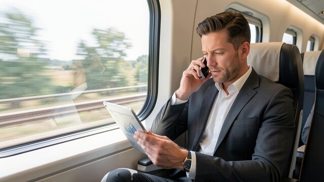 focused modern businessman working on tablet and phone inside upscale train cabin with soft natural light background for corporate marketing