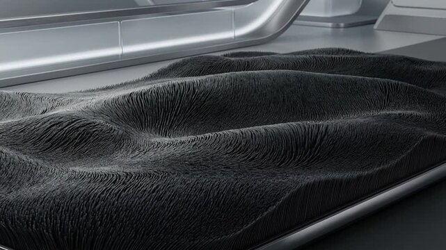 Abstract 3D animation of a futuristic dark surface covered with dense, moving microscopic fibers or bristles creating gentle flowing waves