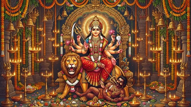 Goddess durga sitting on lion riding in ornate temple decor with traditional weapons and golden jewelry adornments for festive religious celebration of navratri and dussehra festival cultural worship