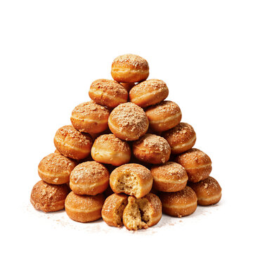 Donut holes cinnamon stacked in a pyramid shape cut out on a transparent background for food menus