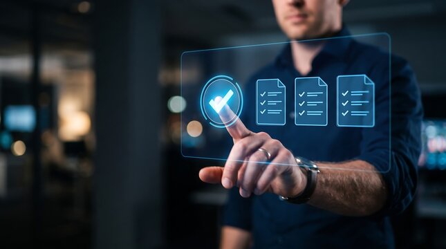 Man touching holographic interface displaying checkmark and document list icons for system verification and digital document management process in a modern dark office environment