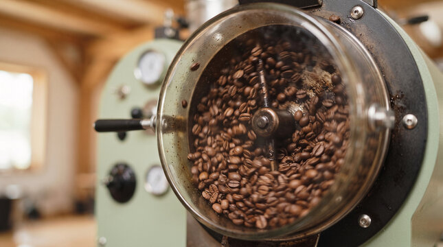 Coffee beans tumbling in roasting drum of industrial coffee roaster machine