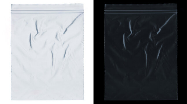 Transparent plastic ziplock bag texture, wrinkled polyethylene pouch on white and black background, clear poly bag mockup