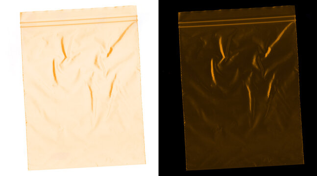 Transparent plastic bag texture, wrinkled polyethylene zip pouch on white and black background, clear poly bag mockup for design