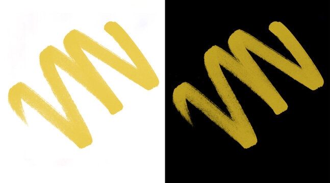 Gold marker scribble on white and black background, metallic yellow ink brush stroke, hand drawn zigzag line for design elements