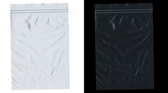 Transparent plastic zipper bag mockup, clear polyethylene pouch on white and black background, empty zip lock bag texture