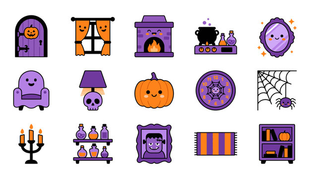 Vector Halloween home interior decoration set