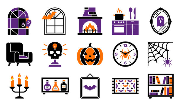 Halloween themed home interior vector illustration