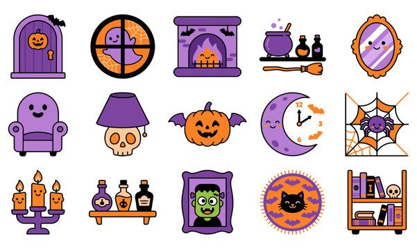 Halloween themed home interior vector illustration