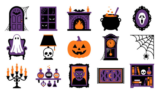 Vector illustration of Halloween themed home interior decor