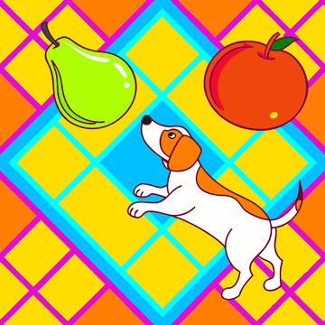 Pattern, vector, seamless graphics, rabbit, dog, pear, apple, mandarin, leaves, grass, bushes, lines, intersections, structure, view, seamless pattern, print, wallpaper, textured ornament, symmetry