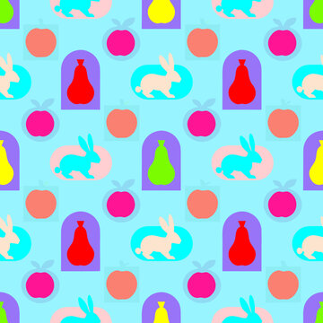 Pattern, vector, seamless graphics, rabbit, dog, pear, apple, mandarin, leaves, grass, bushes, lines, intersections, structure, view, seamless pattern, print, wallpaper, textured ornament, symmetry