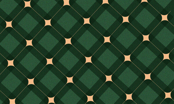 Christmas rhombus seamless pattern. Xmas plaid texture with gold line and stars. Green argyle geometric diamond abstract pattern. Christmas wrapping. Vector illustration isolated on green background.