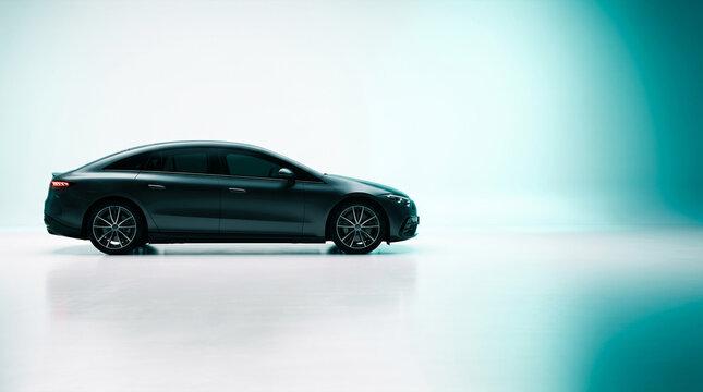 Modern dark gray sedan car parked on clean white studio floor