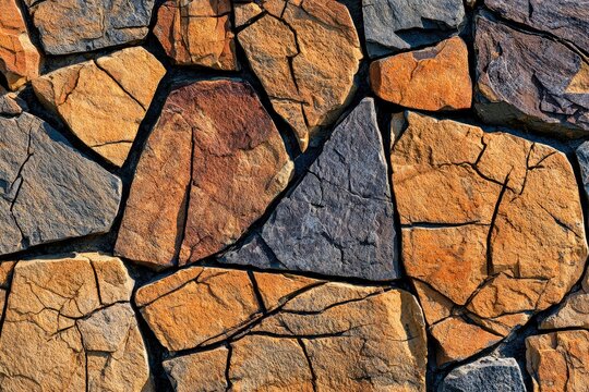 Natural stone wall featuring interlocking rugged rocks with sharp texture and warm side lighting for architectural design marketing