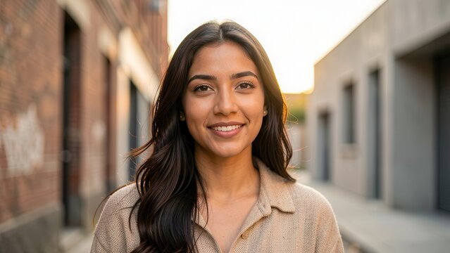 portrait of beautiful diverse latin woman mid twenty thoughtful expression golden hour urban street shallow depth field natural light commercial use