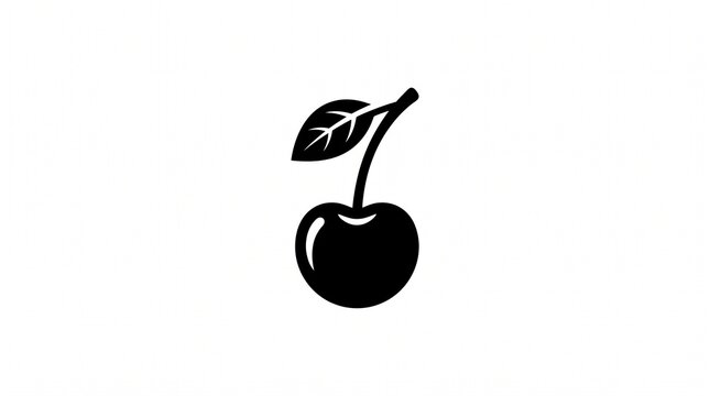 Simple black cherry icon illustration with a single leaf attached