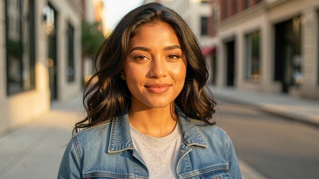 portrait of diverse latin woman smiling on urban street at golden hour natural light thoughtful contentment for commercial use