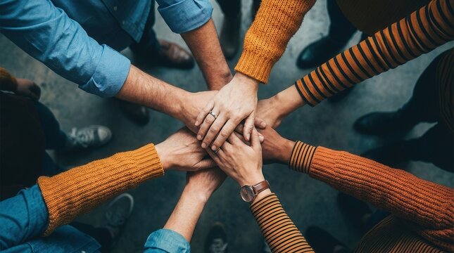 Diverse business team joining hands together in circle to symbolize teamwork and collaboration.