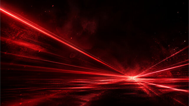 Futuristic red laser beams in dark space, glowing light rays on black background, cinematic neon energy lines for technology