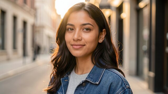 serene portrait of diverse latina woman outdoors at magic hour capturing gentle glow for lifestyle advertising and wellness branding