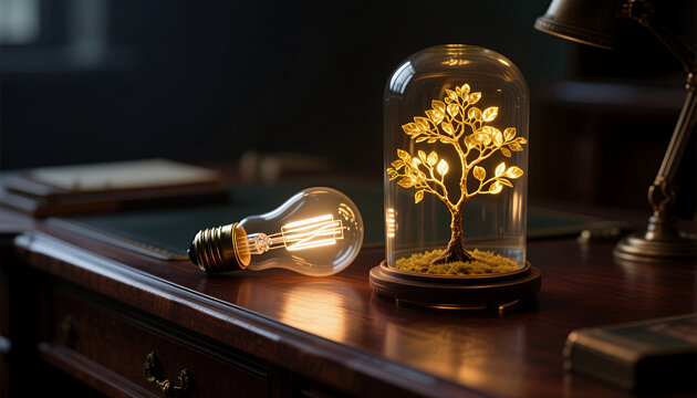 Light bulb and decorative tree under glass dome on wooden desk  