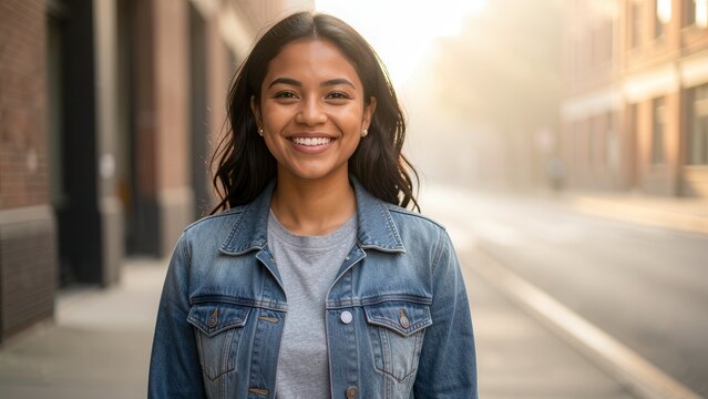 photorealistic portrait of smiling latinx woman on misty urban street golden hour soft natural light for lifestyle advertising