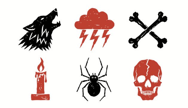 bold linocut print-style icon grid, 6 square icons arranged neatly in 2 rows of 3, each rendered with rough hand-carved texture and visible tool-stroke marks: a howling wolf head, a thunderstorm cloud