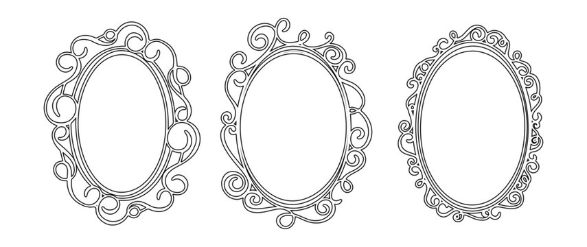 Vector Elegant ornamental flourish frames with decorative swirls and curly line art. Oval Vintage borders in outline style