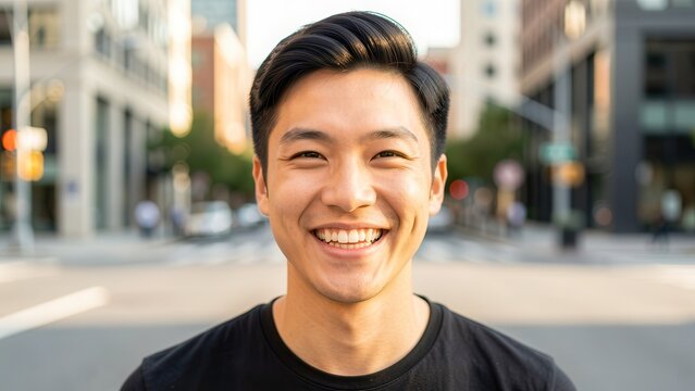 joyful young east asian man smiling confidently on bright city street corner perfect for lifestyle and business advertisement at golden hour