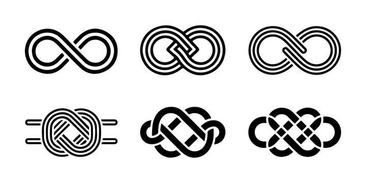 Infinity symbols and complex rope knot silhouettes in black for philosophical and nautical themes.