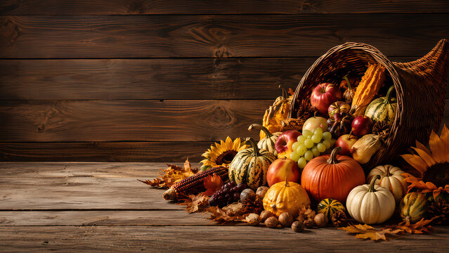 Autumn harvest cornucopia spilling fresh fruits, pumpkins, and vegetables on a rustic wooden table with copy space
